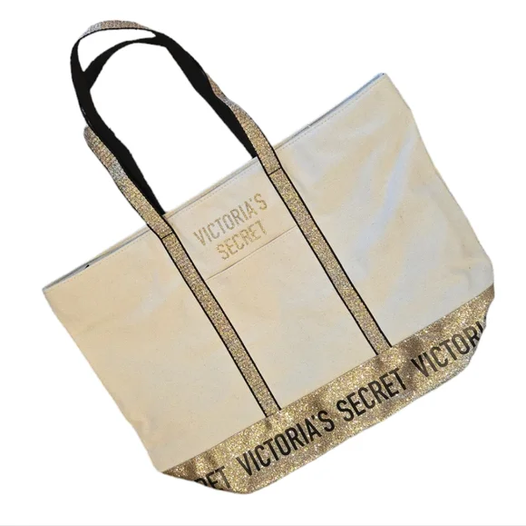 Victoria's Secret Cream & Gold Sparkle Tote Bag - Picture 2 of 6